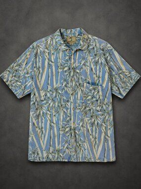 Jamaica Jaxx Lt Blue Silk Hawaiian Bamboo Print Short Sleeve Button Up Shirt - L